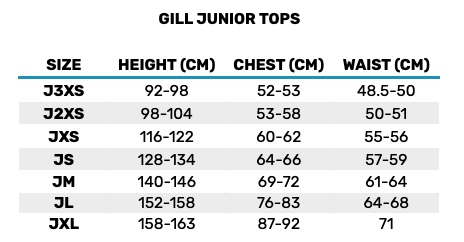 2025 Gill Junior Tops 0 Size Chart